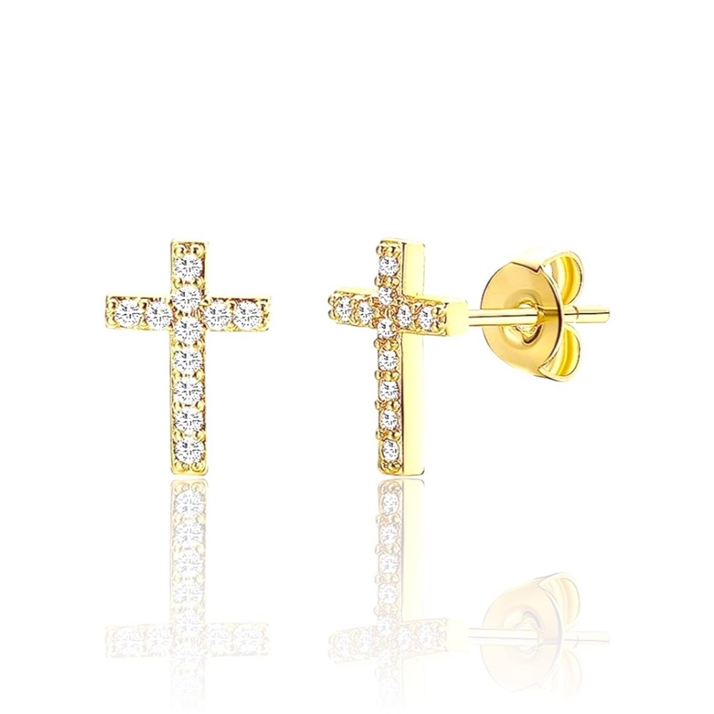 14K Gold Plated CZ Inlay Christian Cross Small Stud Earrings Baby Girl Women New - Picture 1 of 14